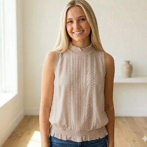 Oasis UK Smocked Collar Pleated Blouson Sleeveless Cream Blouse EUR 38/ 8 NWT